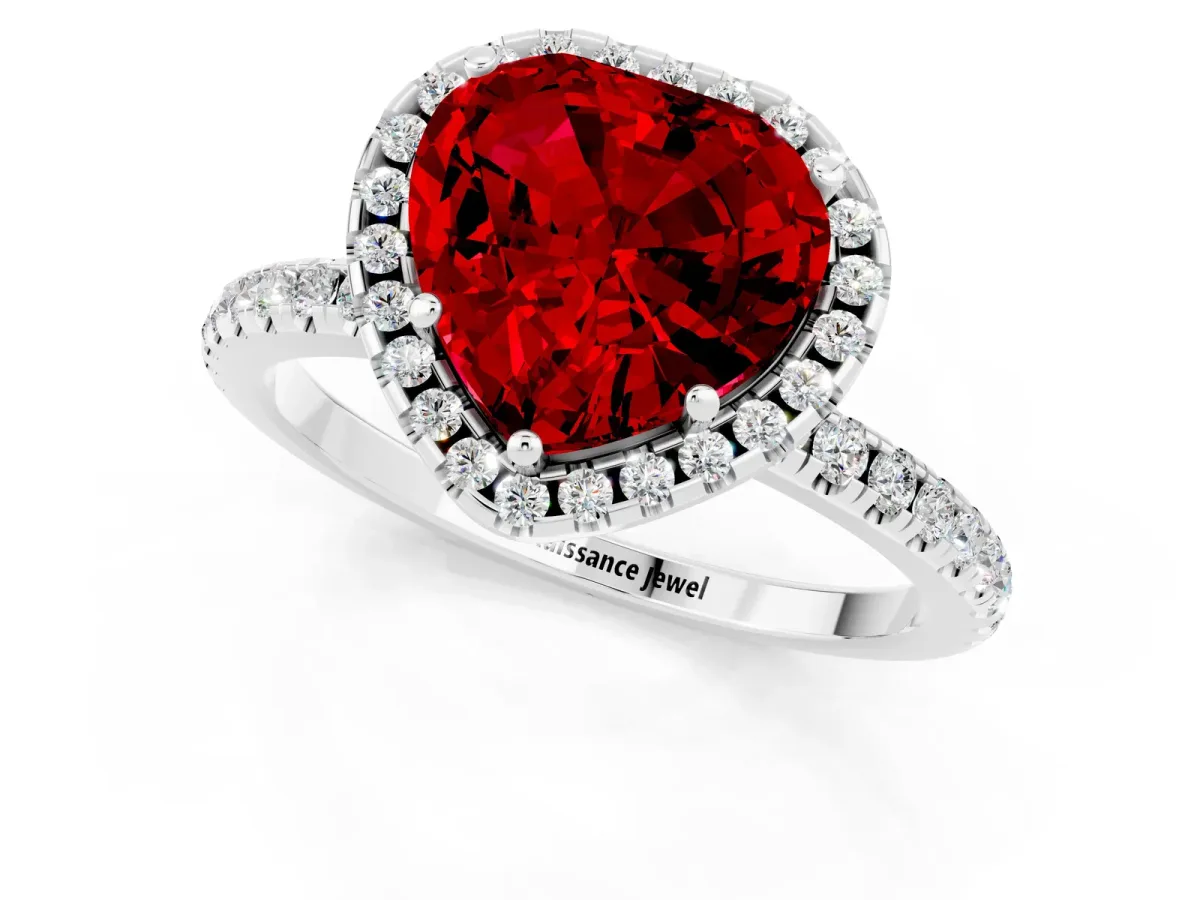 Heart Cut Ruby Halo Engagement Ring with Round Pavé Band and Prong Setting Platinum