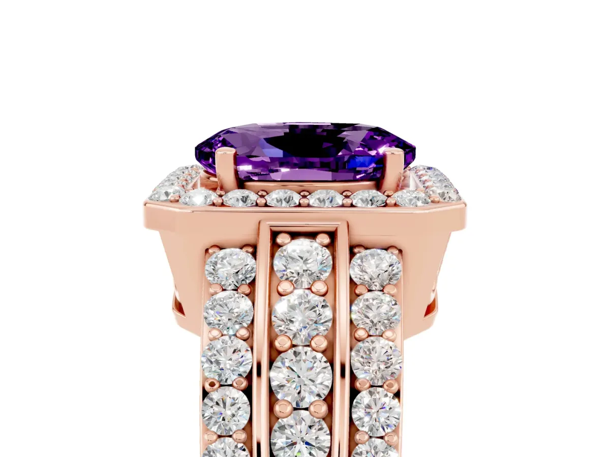 Oval Cut Halo Amethyst Ring with Round Split Shank and Prong Setting Rose gold