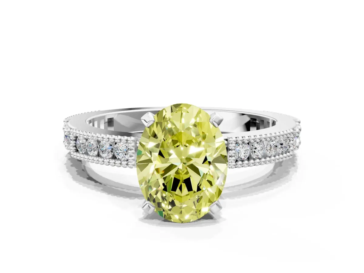 Fancy Yellow Oval Cut Solitaire with Pavé Band and Four-Prong Setting Silver