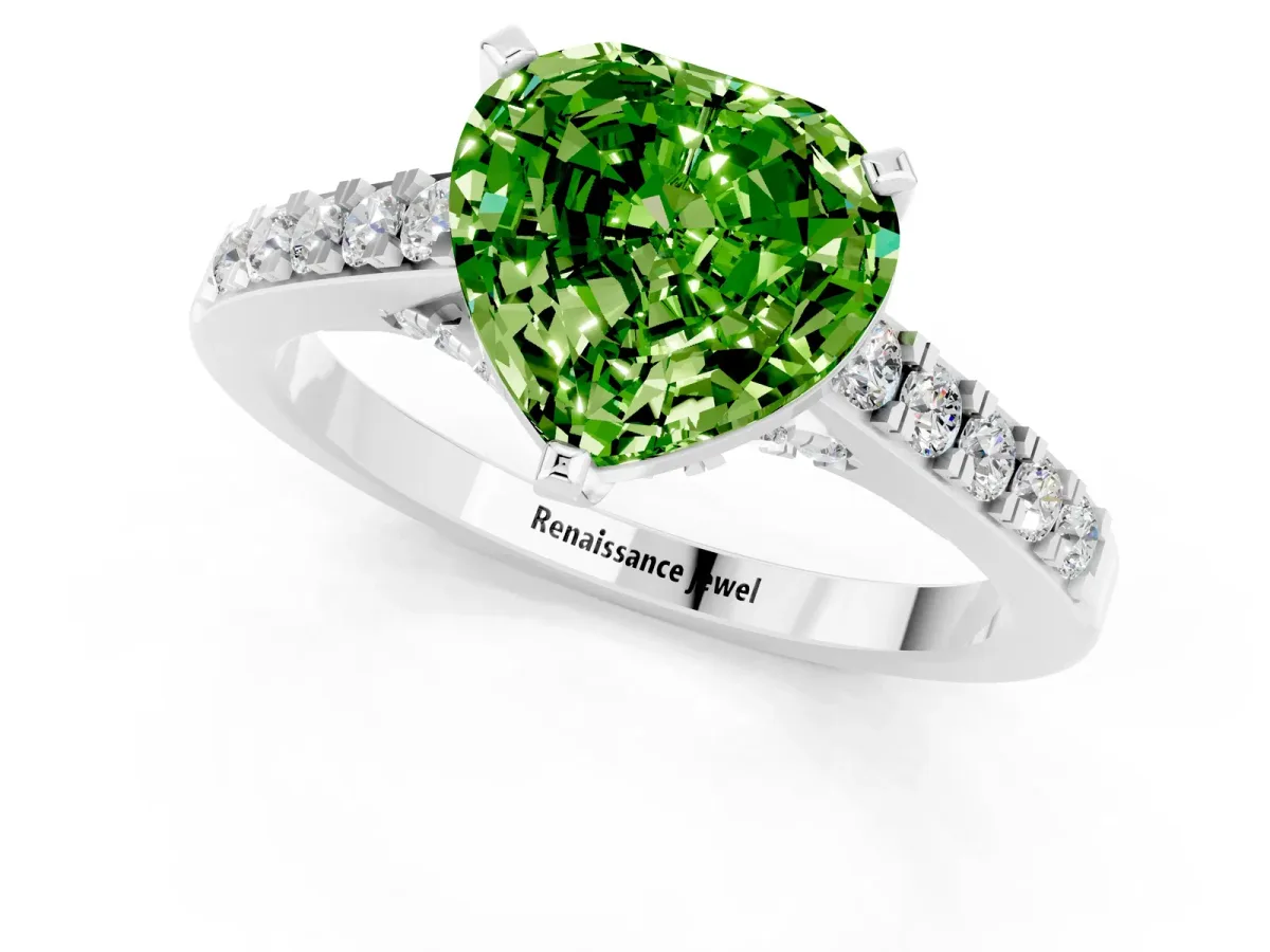 Heart Cut Peridot Solitaire Ring with Crossover Gallery and Round Pavé Band Silver