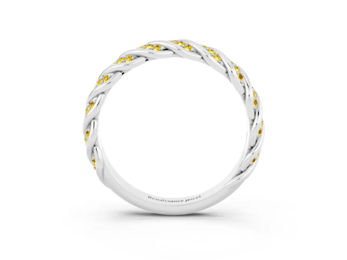 Twisted Pavé Round Yellow Sapphire Eternity Band with Shared Prong Setting White gold