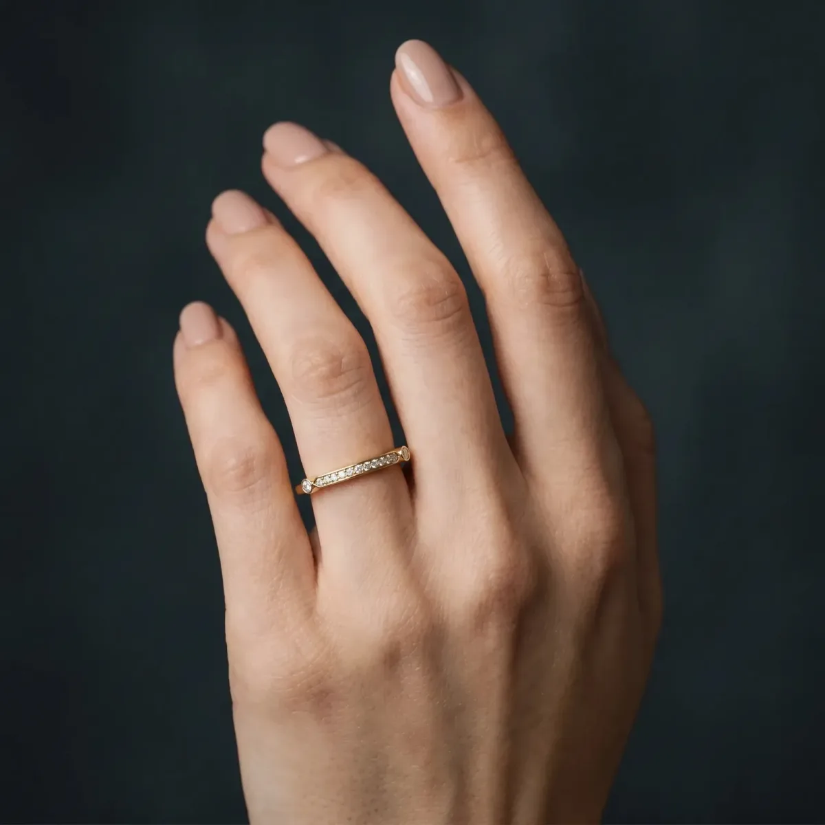 Pavé Round Diamond Bar Station Ring with Channel Setting Yellow gold
