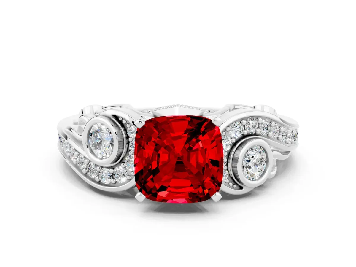 Cushion Cut Ruby Solitaire Ring with Milgrain Pavé Band and Four-Prong Setting Silver