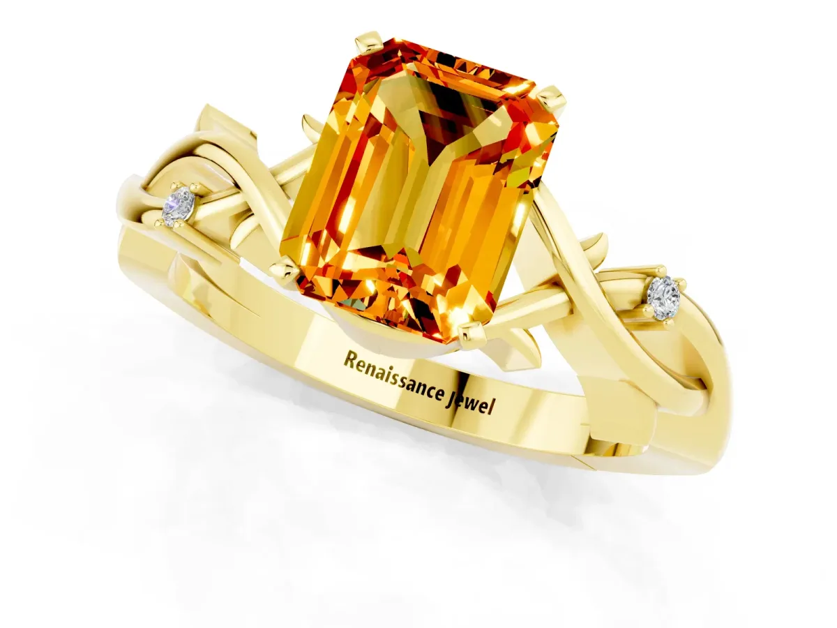 Emerald Cut Citrine Solitaire Ring with Twisted Band and Prong Setting Yellow gold