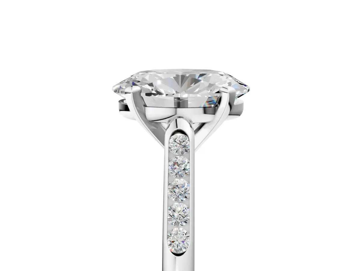 Oval Cut Diamond Solitaire Ring with Channel Set Round Band and Prong Setting Silver