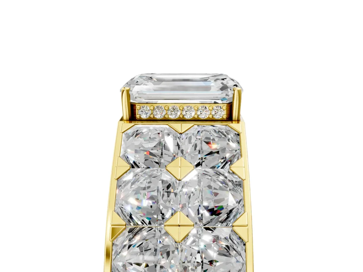 Emerald Cut Diamond Radiant Pavé Mens Ring Yellow gold