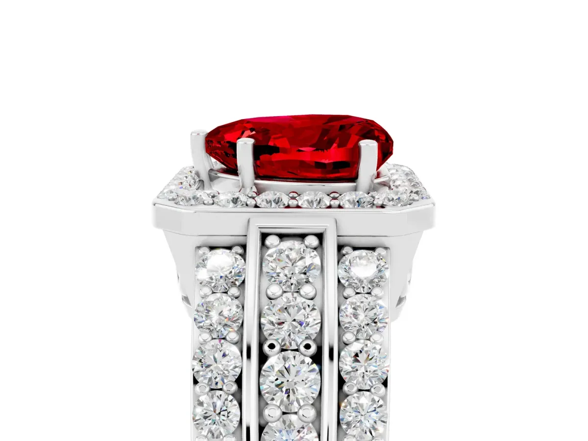Heart Cut Halo Ruby Ring with Round Split Shank and Prong Setting Silver