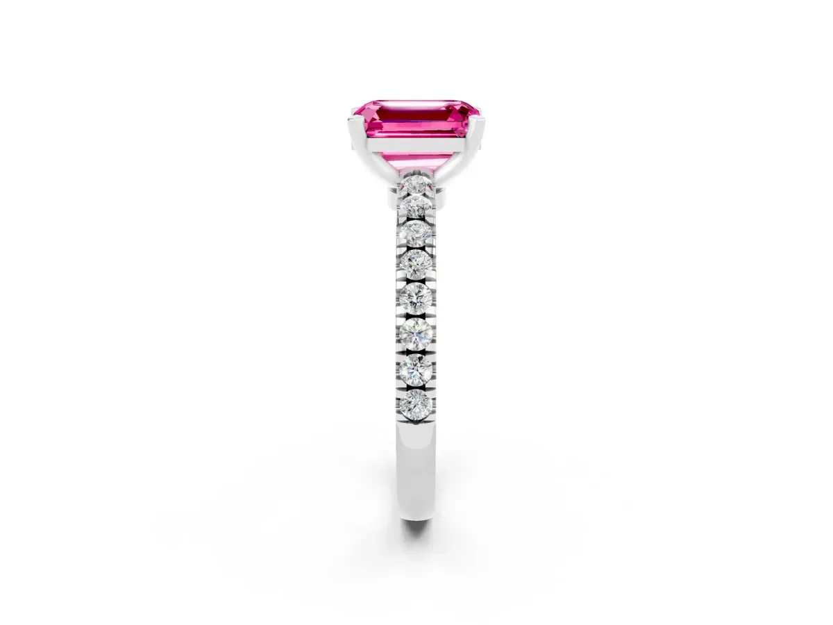 Emerald Cut Solitaire Pink Sapphire with Pavé Band and Four-Prong Setting Silver