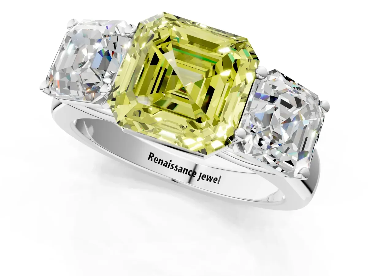 Fancy Yellow Asscher Cut Three-Stone Diamond Ring with Prong Setting on a Classic Band Platinum
