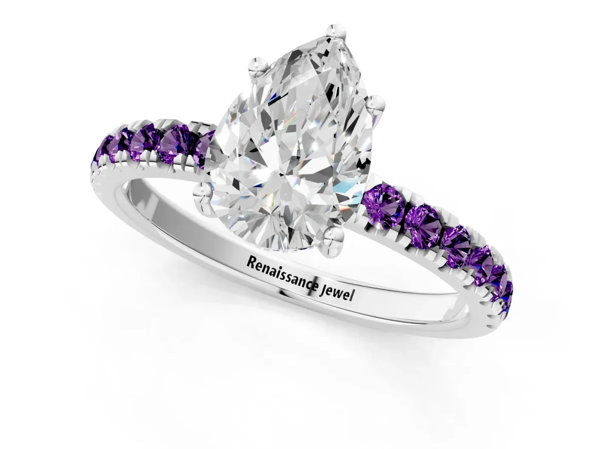 Pear Cut Diamond Pave Band Solitaire Ring with Round Amethyst and Prong Setting Platinum