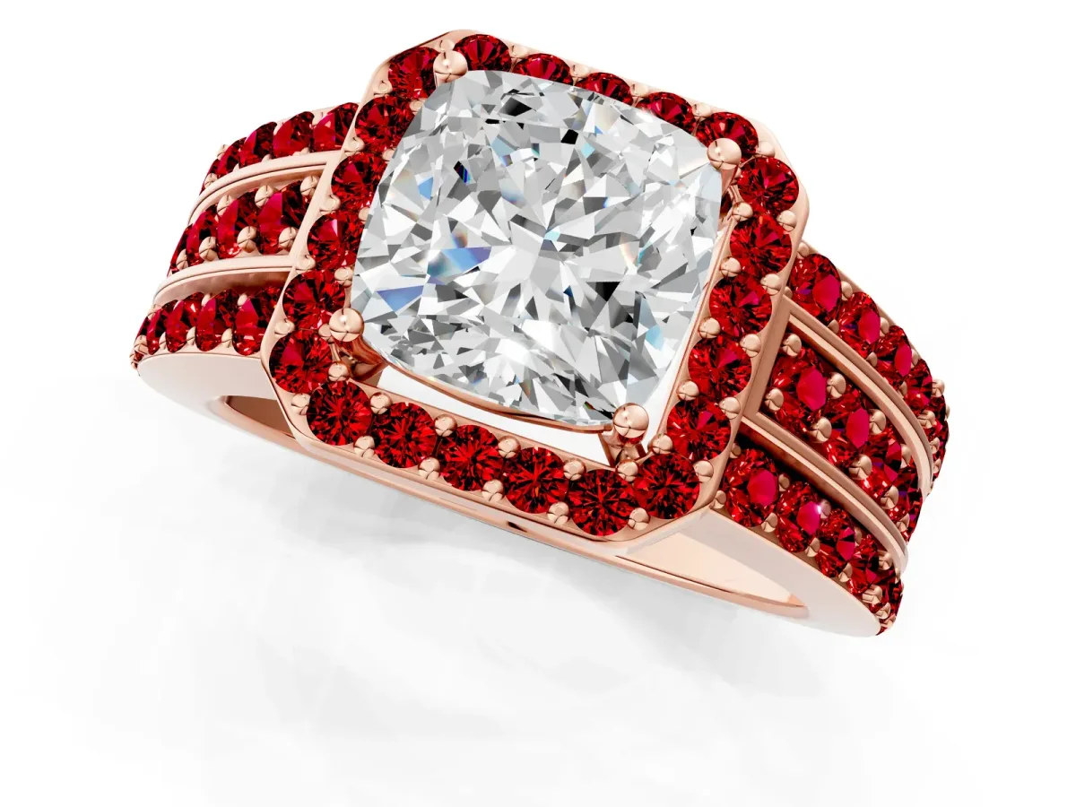 Cushion Cut Halo Diamond Ring with Round Ruby Split Shank and Prong Setting Rose gold