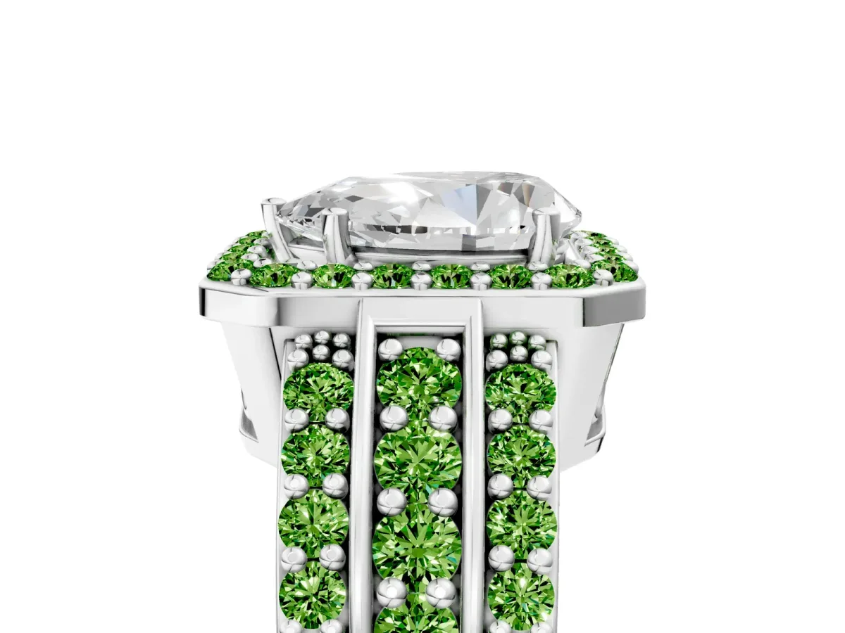 Pear Cut Halo Diamond Ring with Round Peridot Split Shank and Prong Setting Platinum