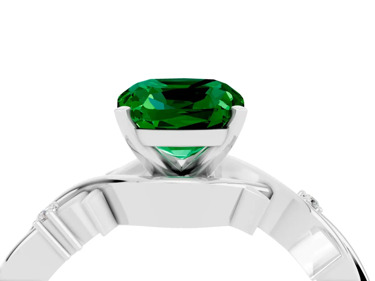 Cushion Cut Emerald Solitaire Ring with Twisted Band and Prong Setting Silver