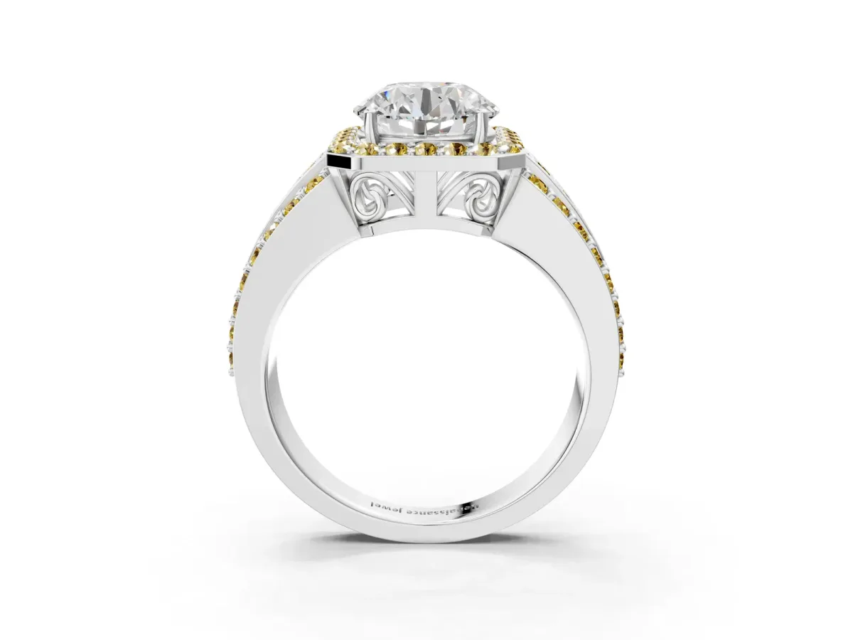 Round Cut Halo Diamond Ring with Round Yellow Sapphire Split Shank and Prong Setting Silver