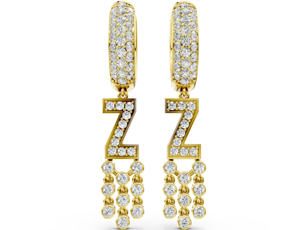 Round Diamond Initial Z Huggie Hoop Earrings Yellow gold