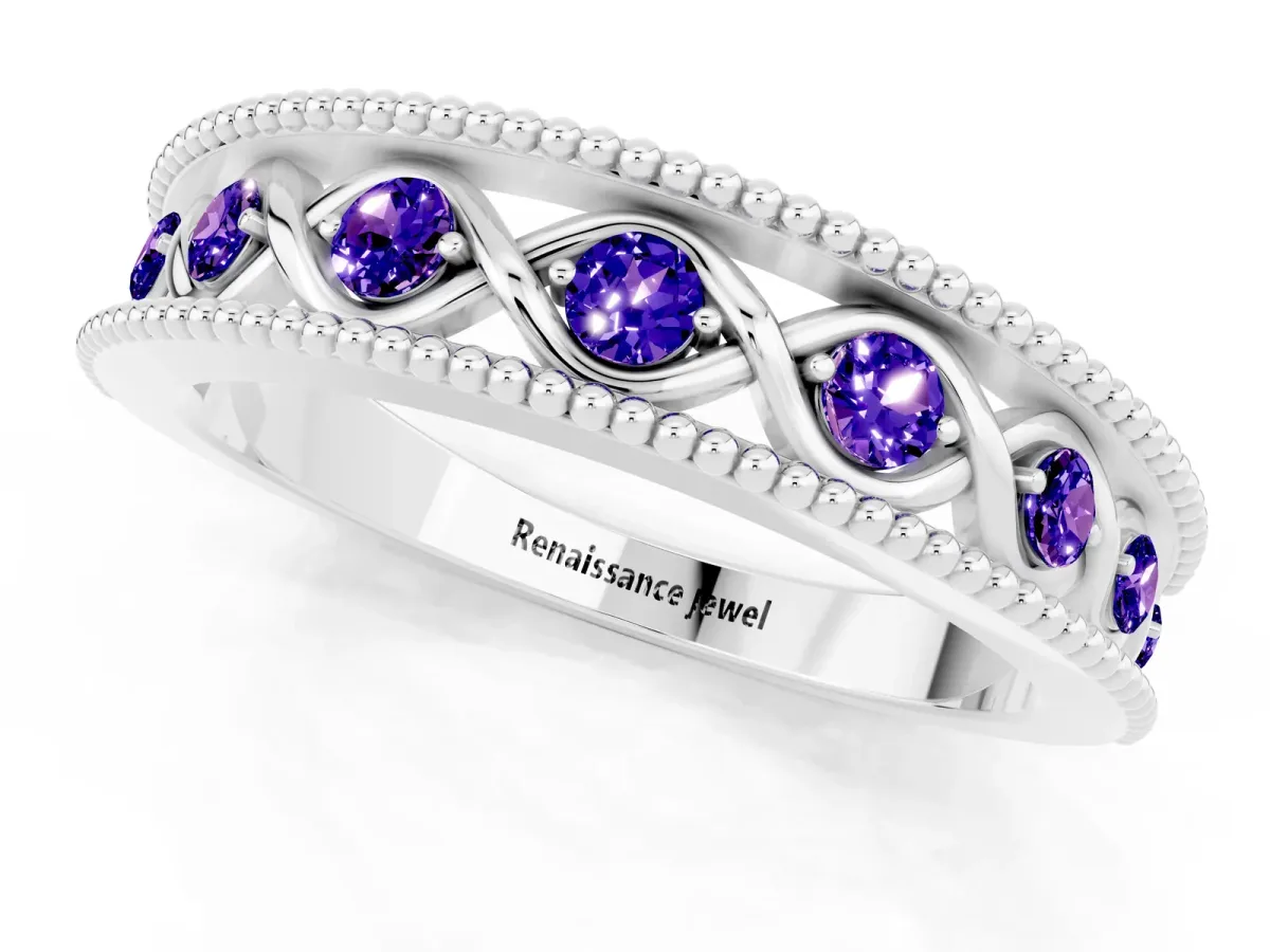 Round Tanzanite Twist Milgrain Band with Bezel Setting White gold