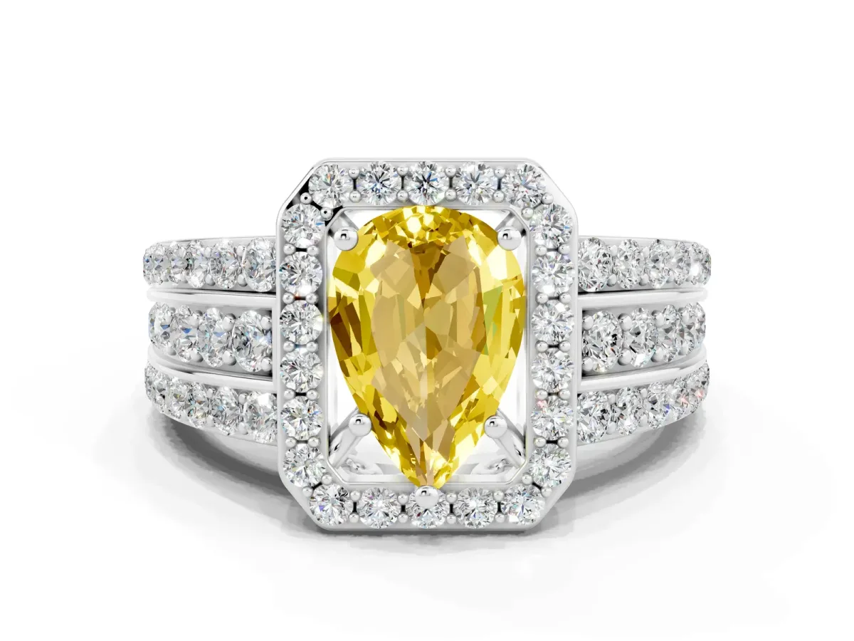 Pear Cut Halo Yellow Sapphire Ring with Round Split Shank and Prong Setting Platinum
