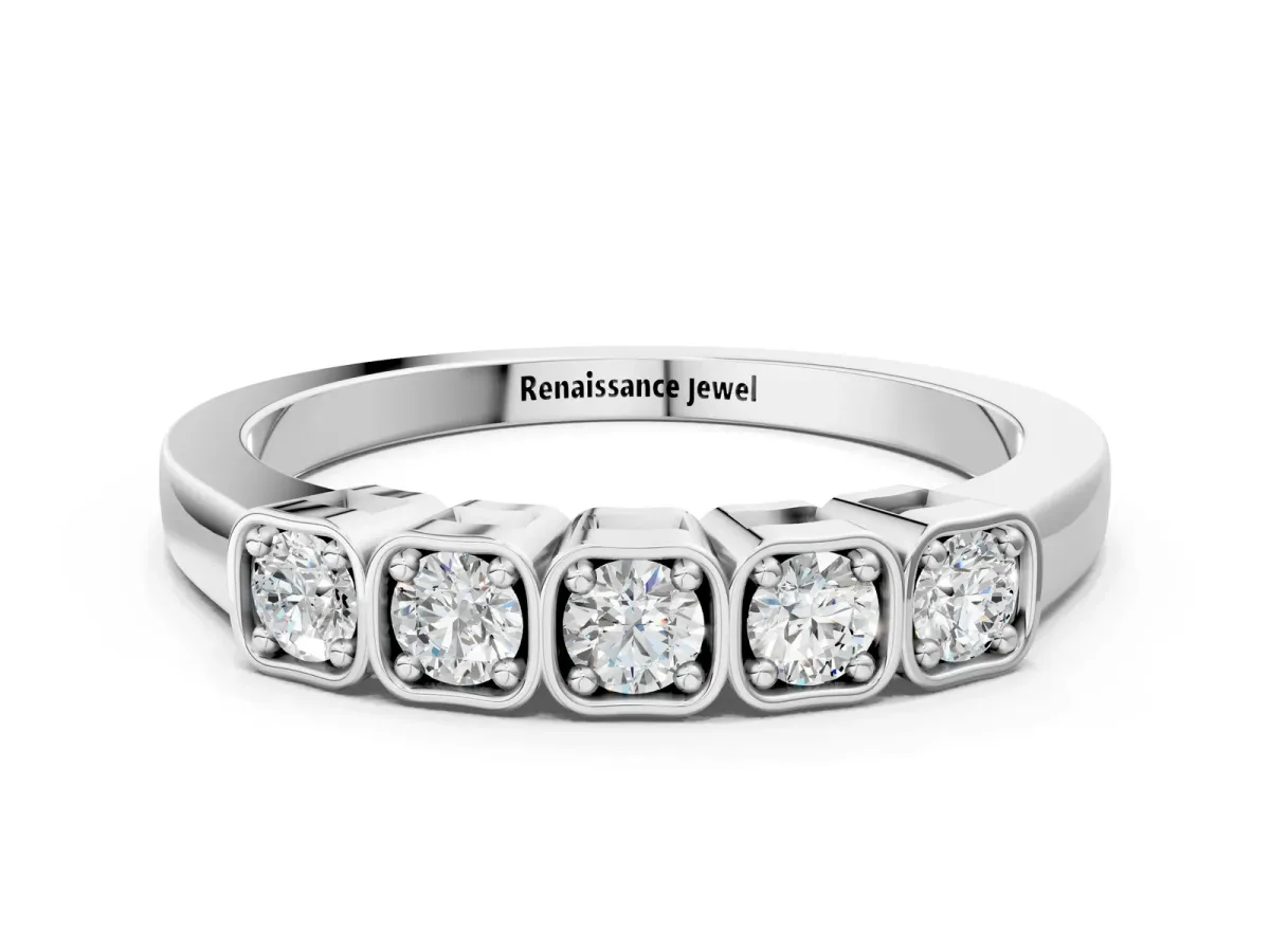 Five-Stone Round Diamond Bezel Set White Gold Band Silver