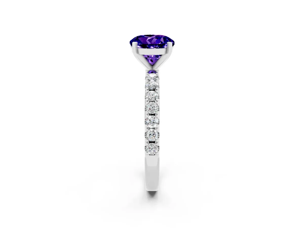 Round Cut Tanzanite Solitaire Pavé Band with Four-Prong Setting Silver