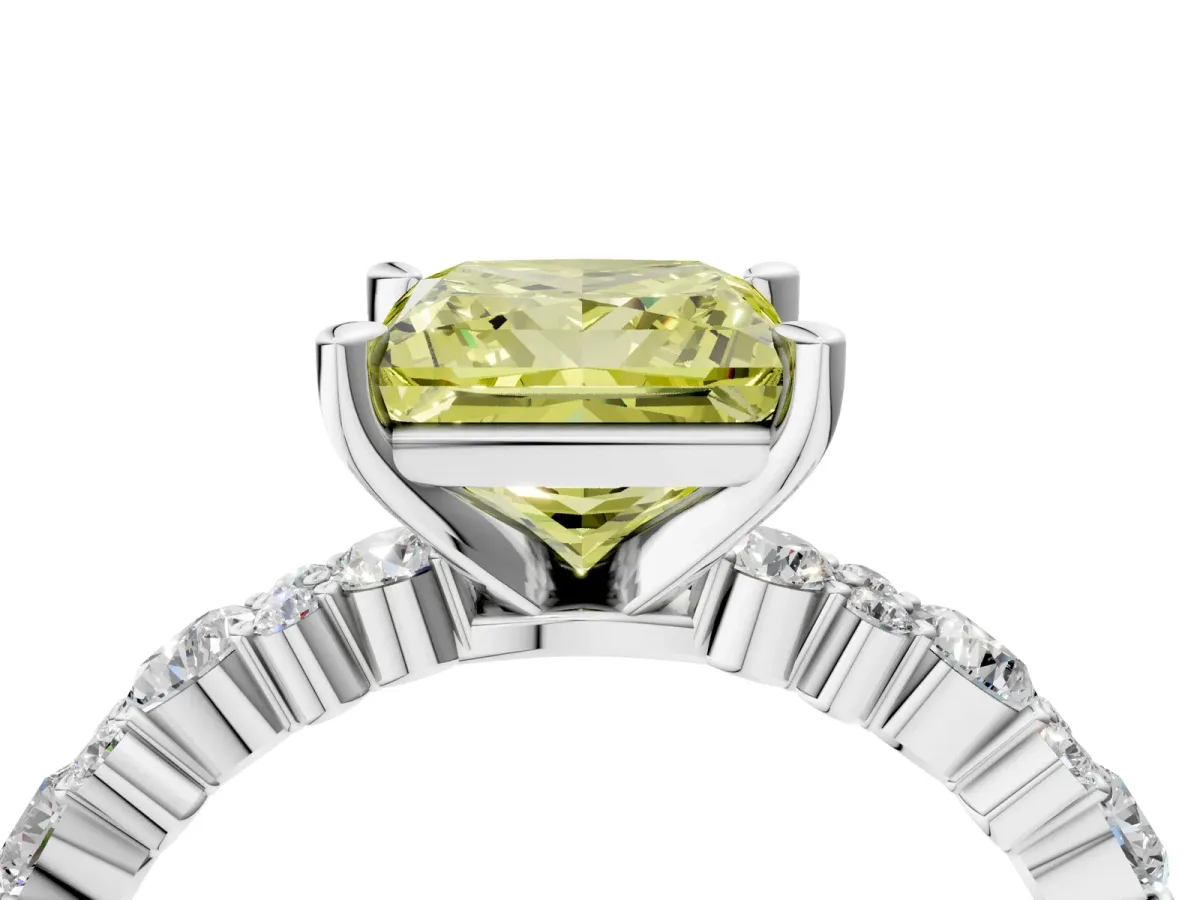 Fancy Yellow Princess Cut Diamond Side Stone Solitaire Ring with Round and Four-Prong Setting Platinum