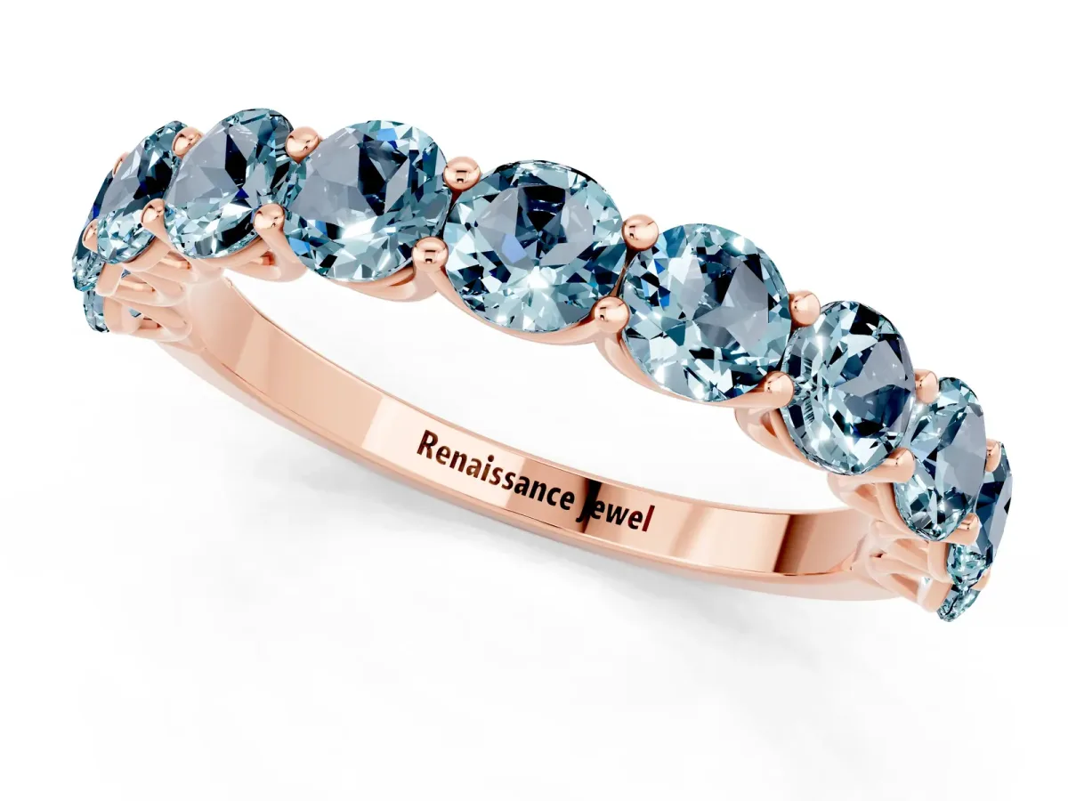 Round Aquamarine Shared Prong Eternity Band Rose gold