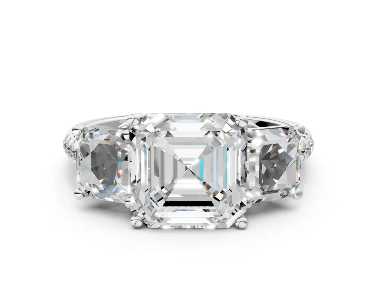 Three-Stone Asscher Cut Diamond Ring with Round Pavé Band and Prong Setting White gold