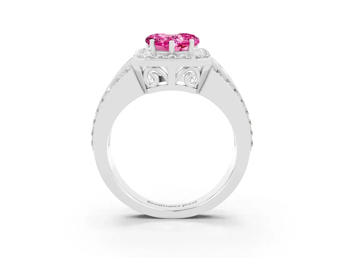 Heart Cut Halo Pink Sapphire Ring with Round Split Shank and Prong Setting Silver