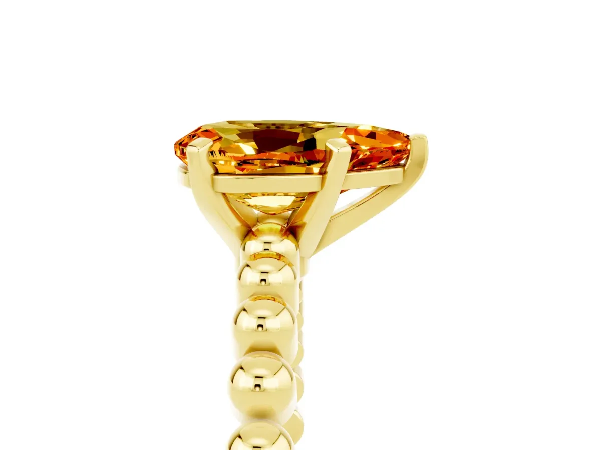 Pear Cut Citrine Solitaire Ring with Beaded Band and Prong Setting Yellow gold