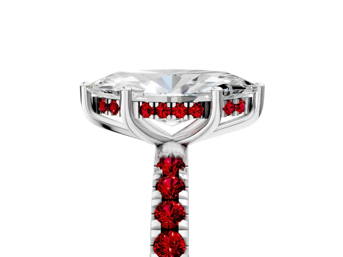 Marquise Cut Diamond Pave Band Solitaire Ring with Round Ruby and Prong Setting White gold