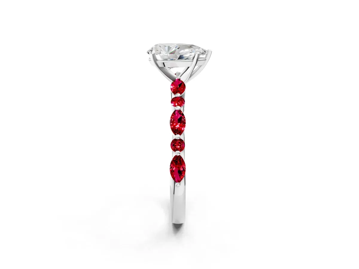 Pear Cut Diamond Ring with Marquise and Round Ruby Side Stones and Four-Prong Setting Platinum