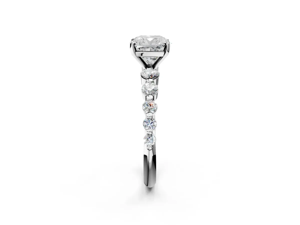 Cushion Cut Solitaire Diamond Ring with Pave Band and Four-Prong Setting Silver