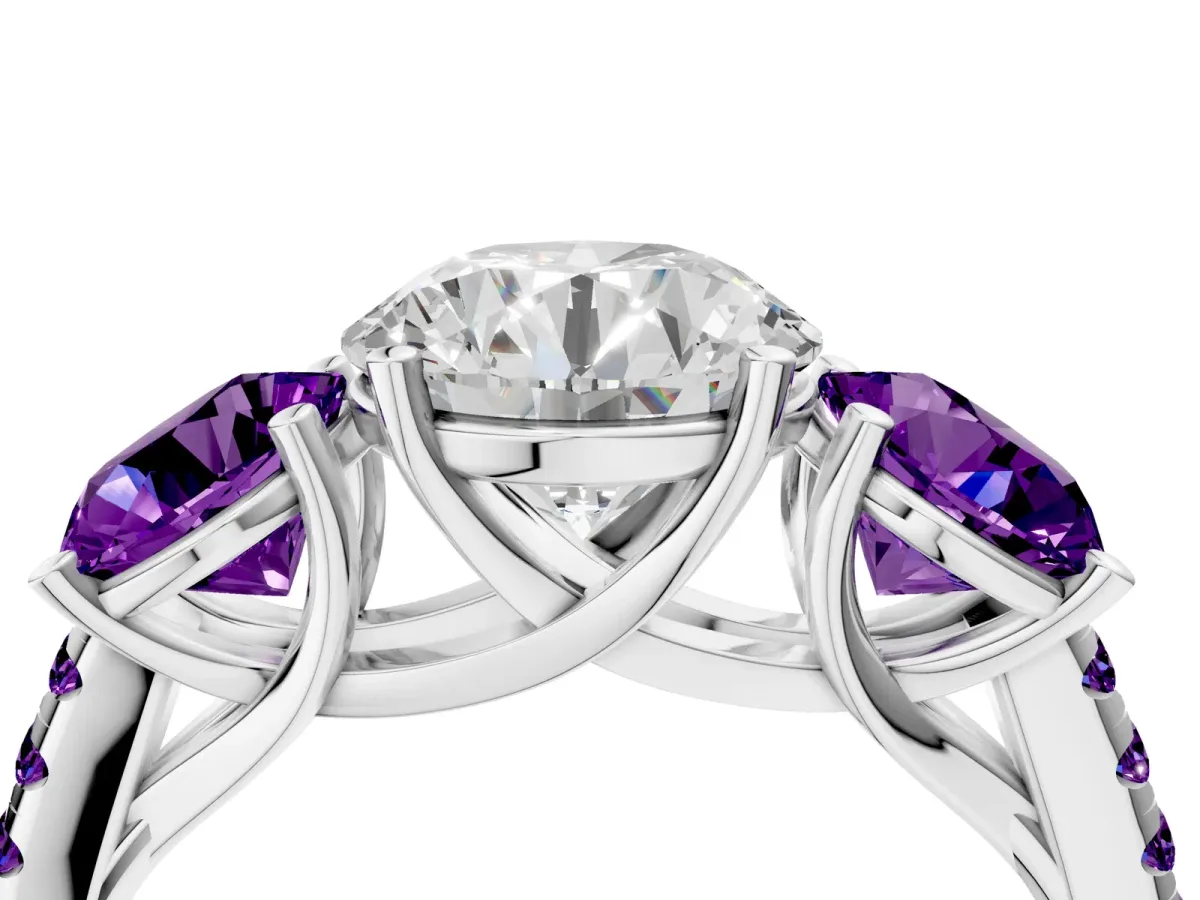 Three-Stone Round Cut Diamond Ring with Round Amethyst Pavé Band and Prong Setting Platinum