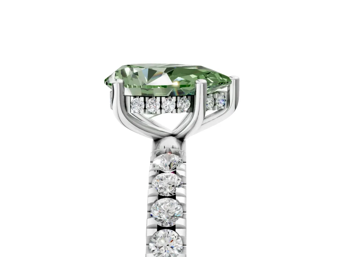 Fancy Green Pear Cut Diamond Pave Band Solitaire Ring with Round and Prong Setting Silver