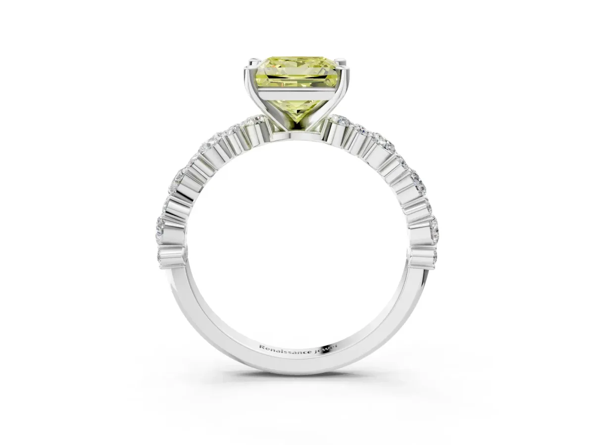 Fancy Yellow Princess Cut Diamond Side Stone Solitaire Ring with Round and Four-Prong Setting Platinum