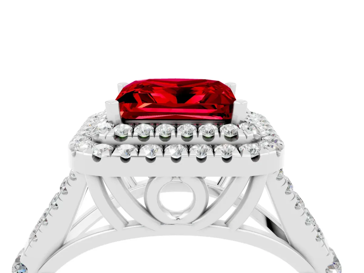 Double Halo Princess Cut Ruby Split Shank Engagement Ring with Four-Prong Setting White gold