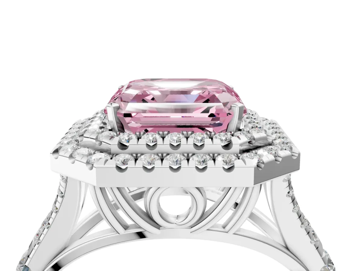 Fancy Pink Asscher Cut Diamond Double Halo Ring with Split Shank and Prong Setting Silver