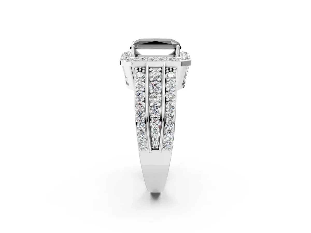 Fancy Black Radiant Cut Halo Diamond Ring with Round Split Shank and Prong Setting Silver