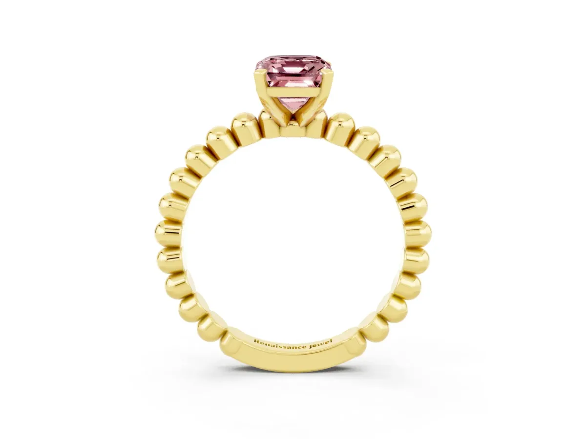Emerald Cut Morganite Solitaire Ring with Beaded Band and Prong Setting Yellow gold