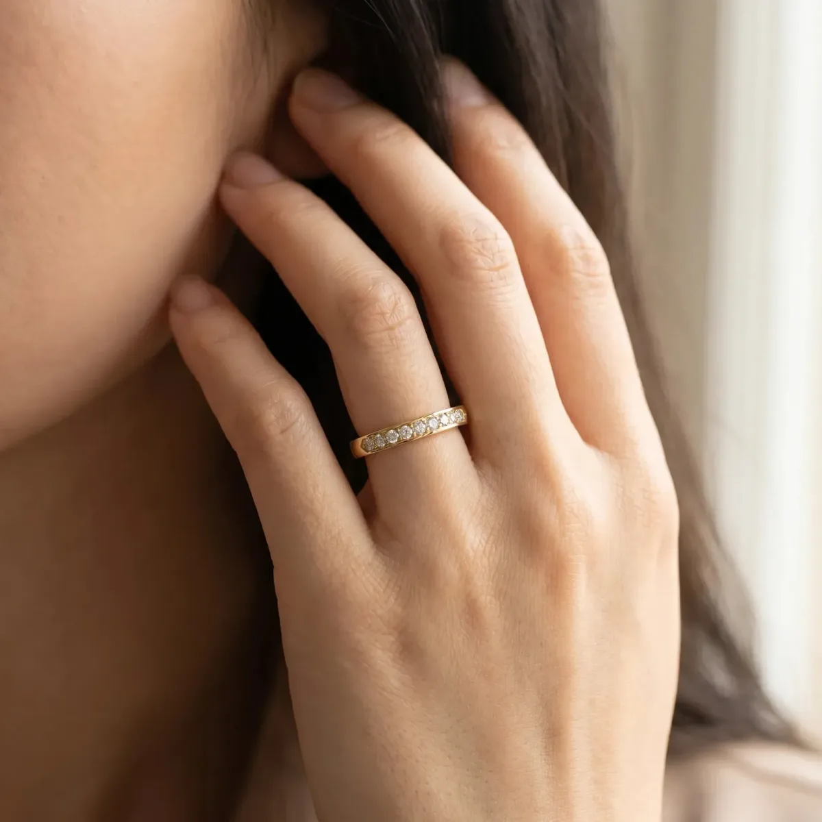 Pavé Round Diamond Bar Station Ring with Channel Setting Yellow gold