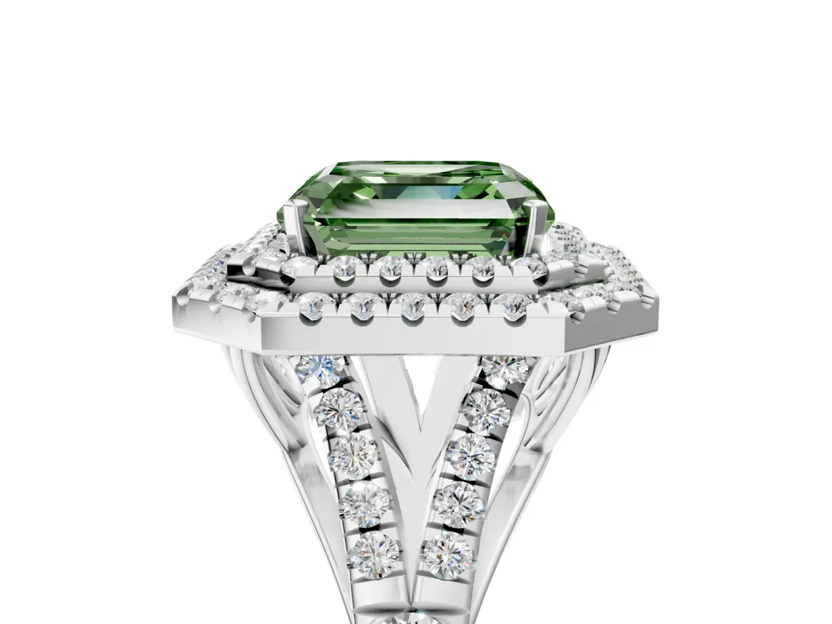 Fancy Green Asscher Cut Diamond Pavé Split Shank Double Halo Engagement Ring Platinum