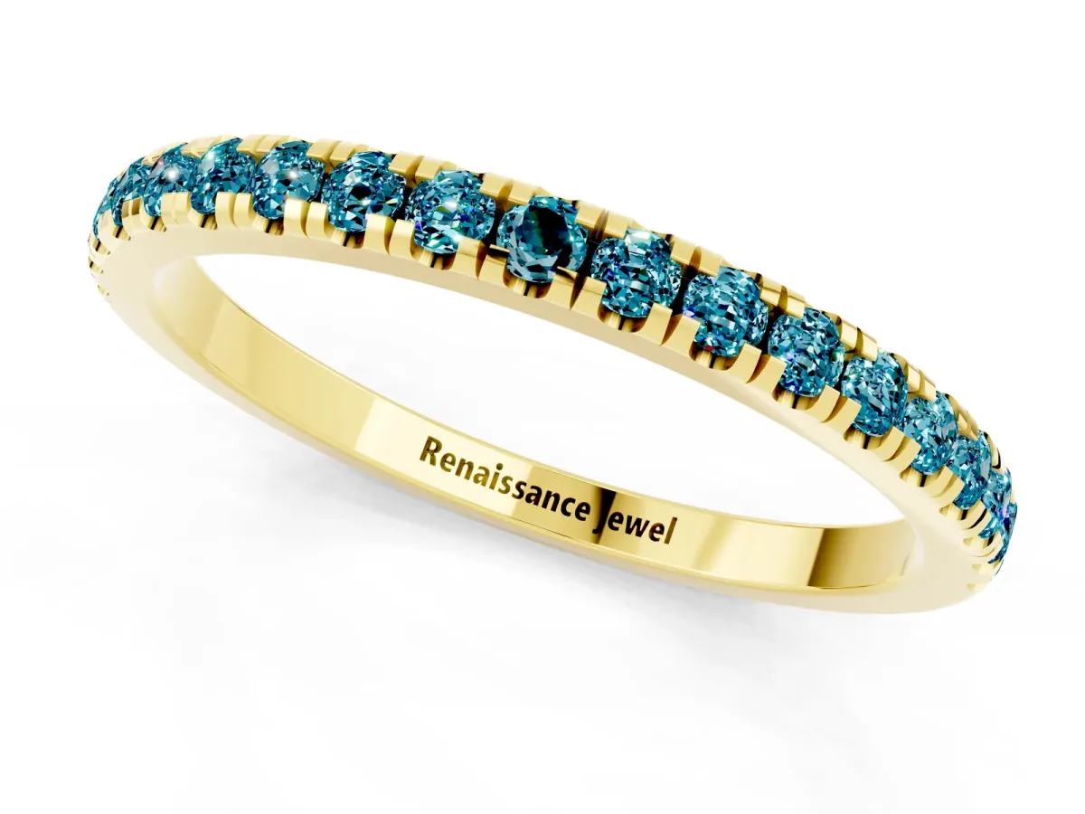 Pavé Round Blue Topaz Half Eternity Band with Shared Prong Setting Yellow gold