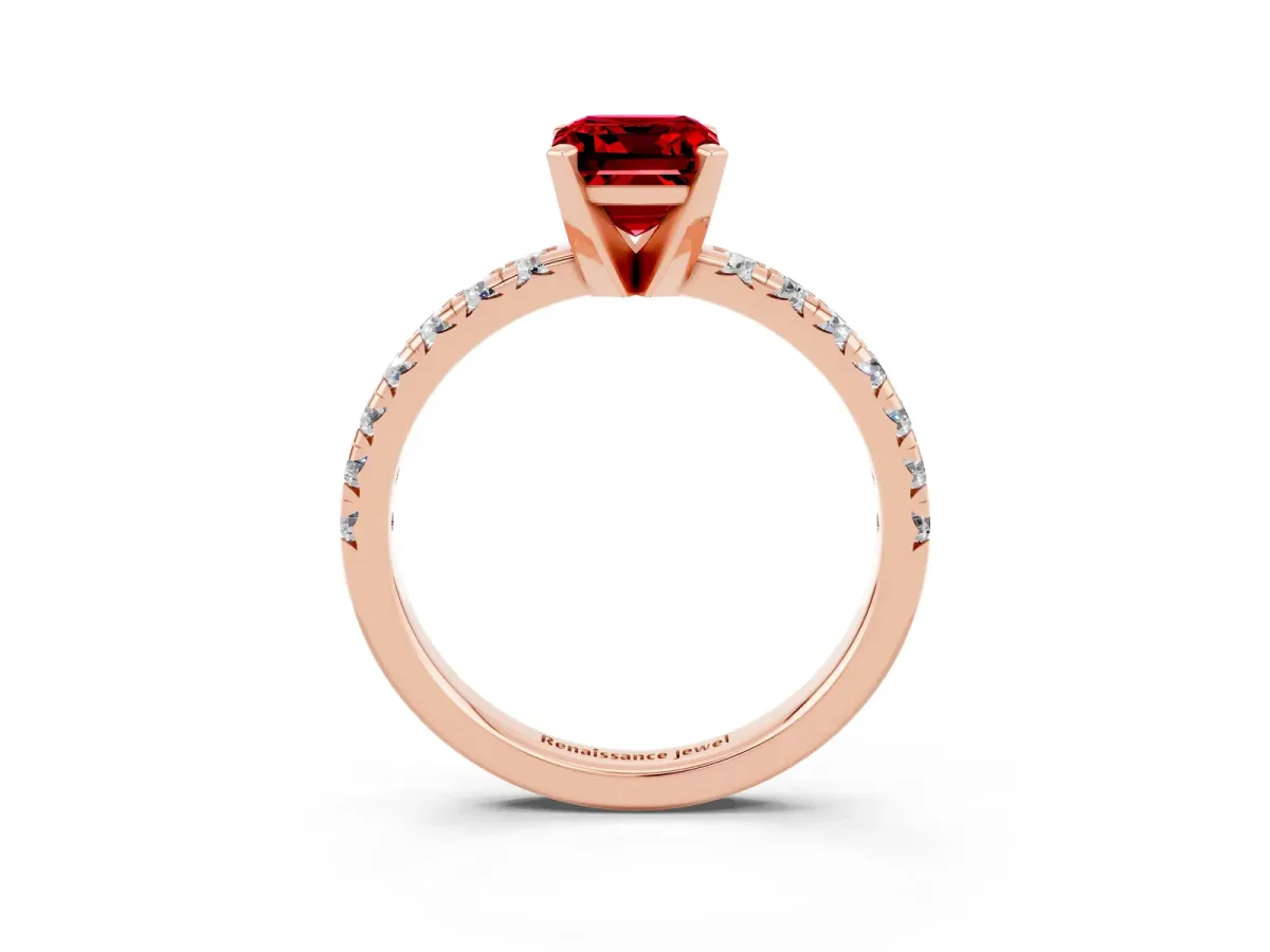 Emerald Cut Ruby Solitaire Pavé Engagement Ring with Round Band and Prong Setting Rose gold