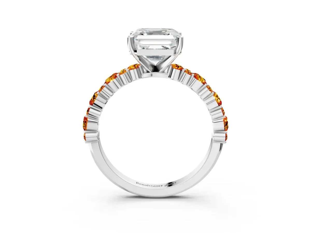 Asscher Cut Diamond Side Stone Solitaire Ring with Round Citrine and Four-Prong Setting Platinum
