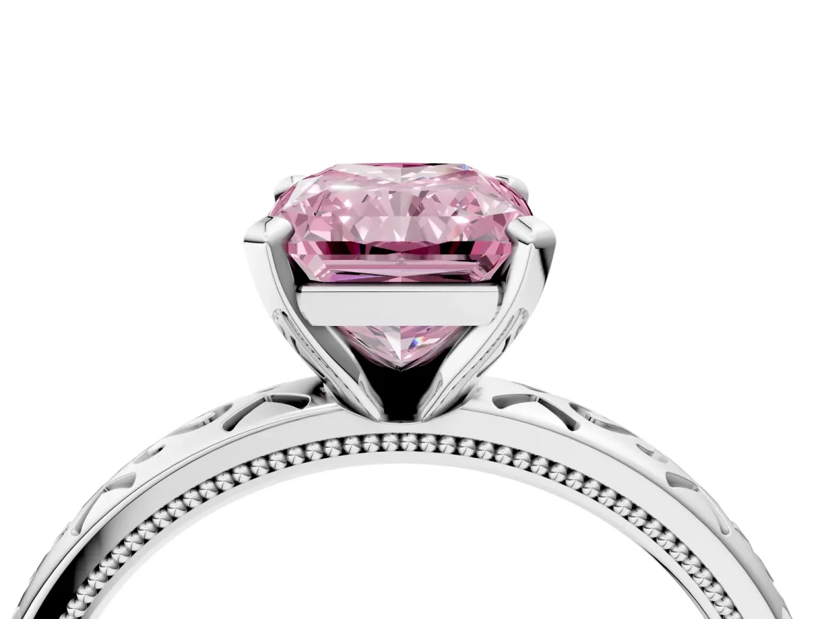 Fancy Pink Radiant Cut Solitaire Engagement Ring with Scrollwork Band and Four-Prong Setting Platinum