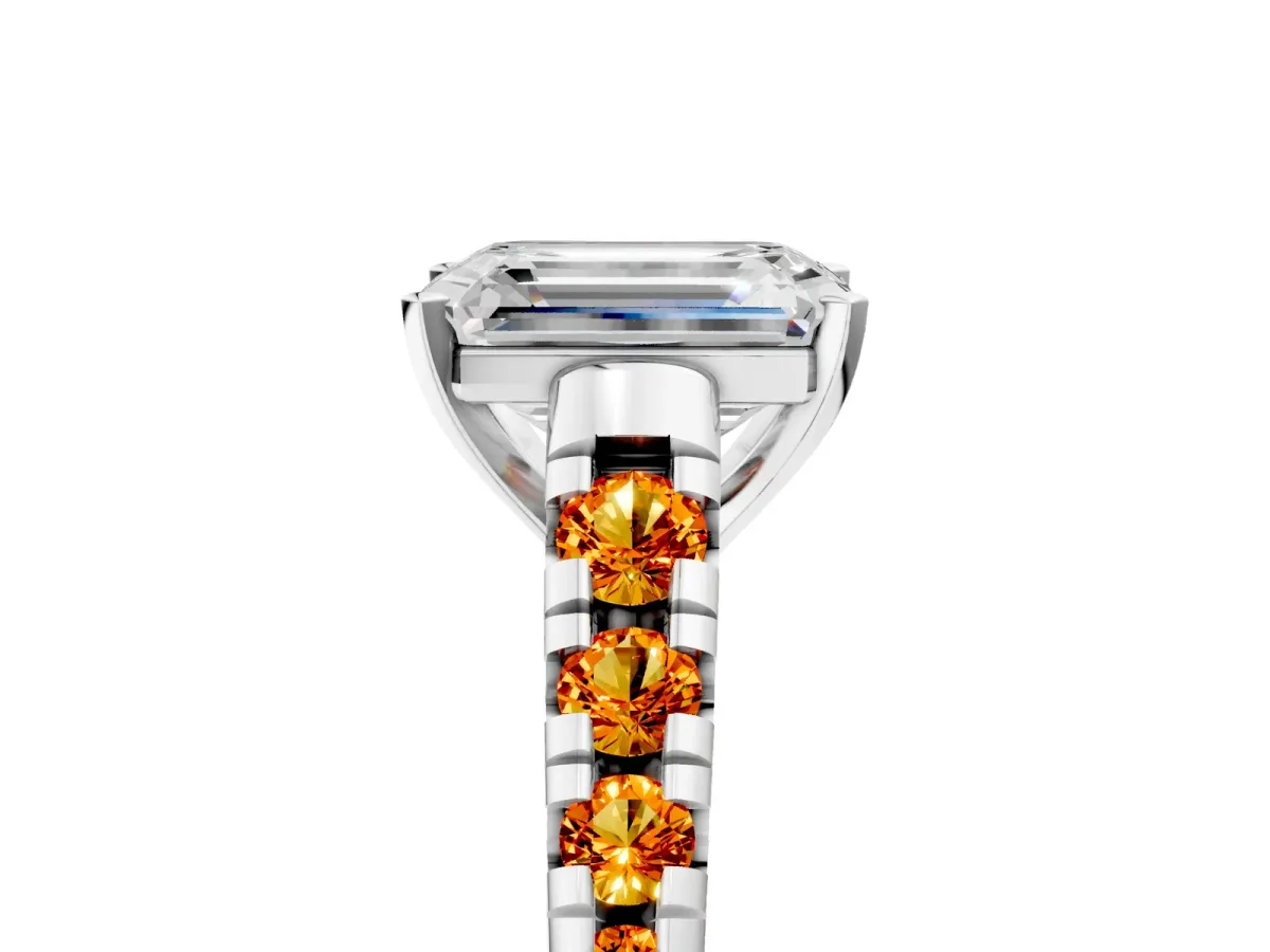Emerald Cut Diamond Cathedral Solitaire Ring with Round Citrine Pavé Band Silver