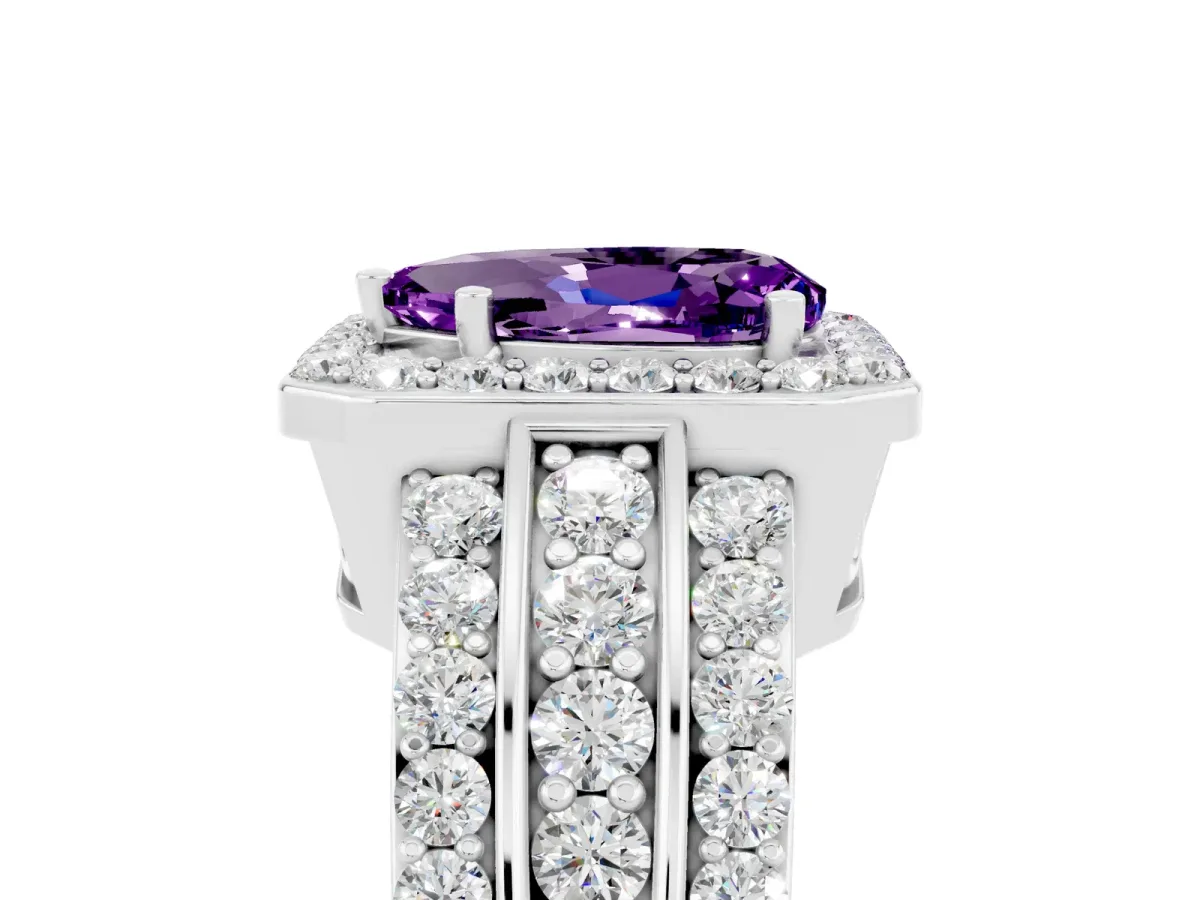 Pear Cut Halo Amethyst Ring with Round Split Shank and Prong Setting White gold