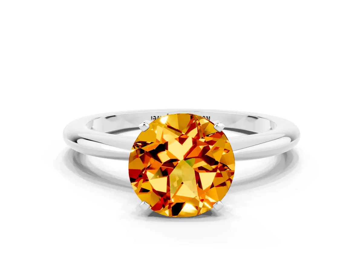 Round Cut Citrine Solitaire Ring with Six-Prong Setting and Classic Band Silver
