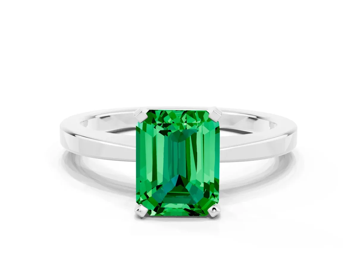 Emerald Cut Emerald Solitaire Engagement Ring with Classic Band and Four-Prong Setting Platinum