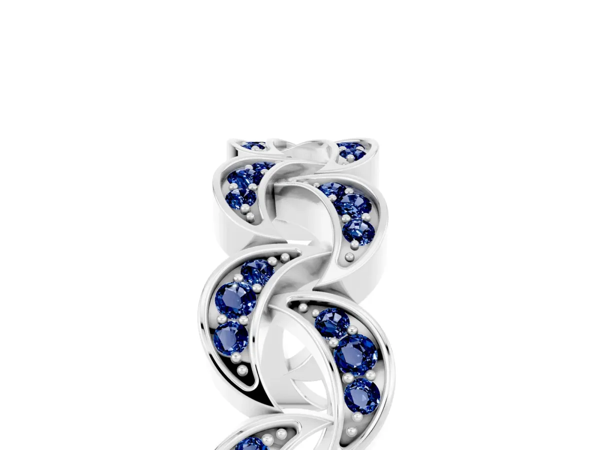 Pavé Round Blue Sapphire Interlocking Eternity Band with Bezel Prong Setting Silver