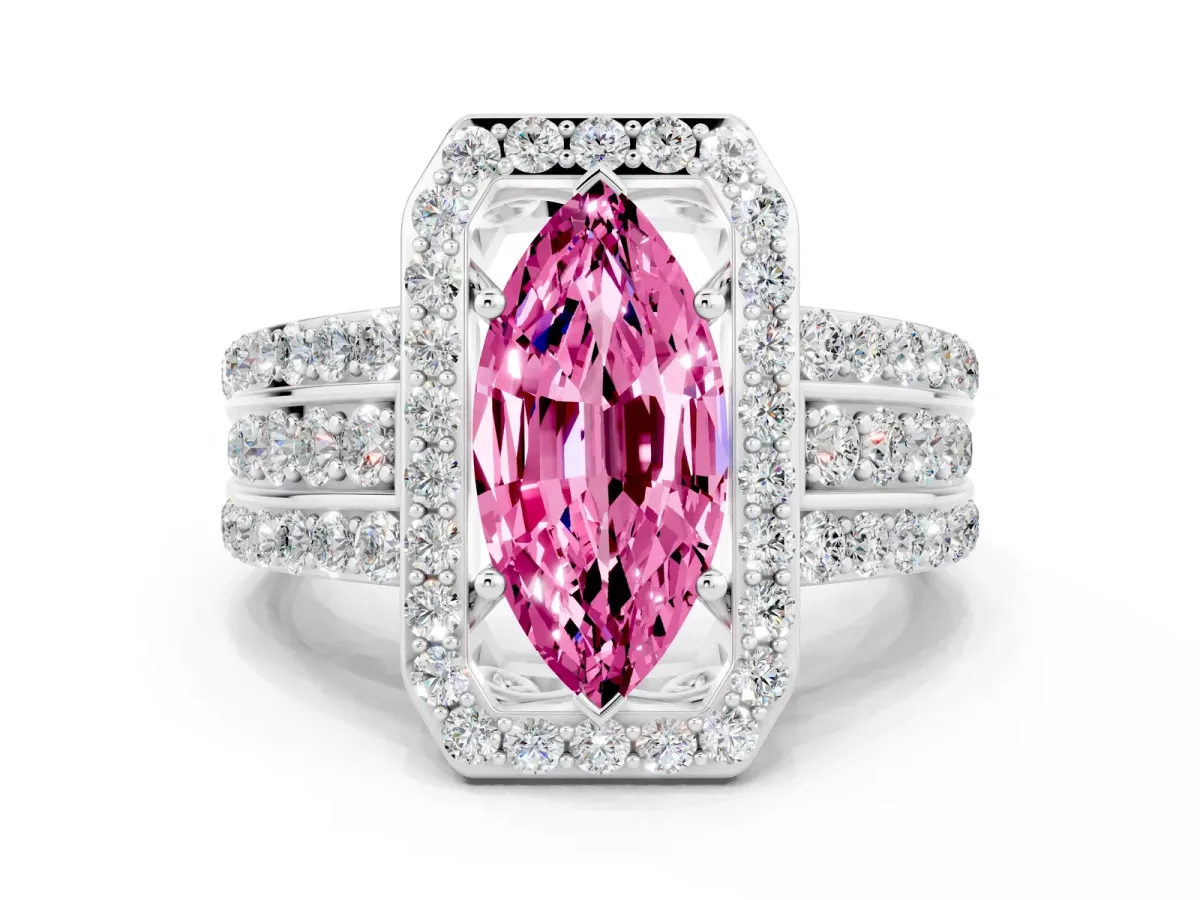 Marquise Cut Halo Pink Sapphire Ring with Round Split Shank and Prong Setting Silver